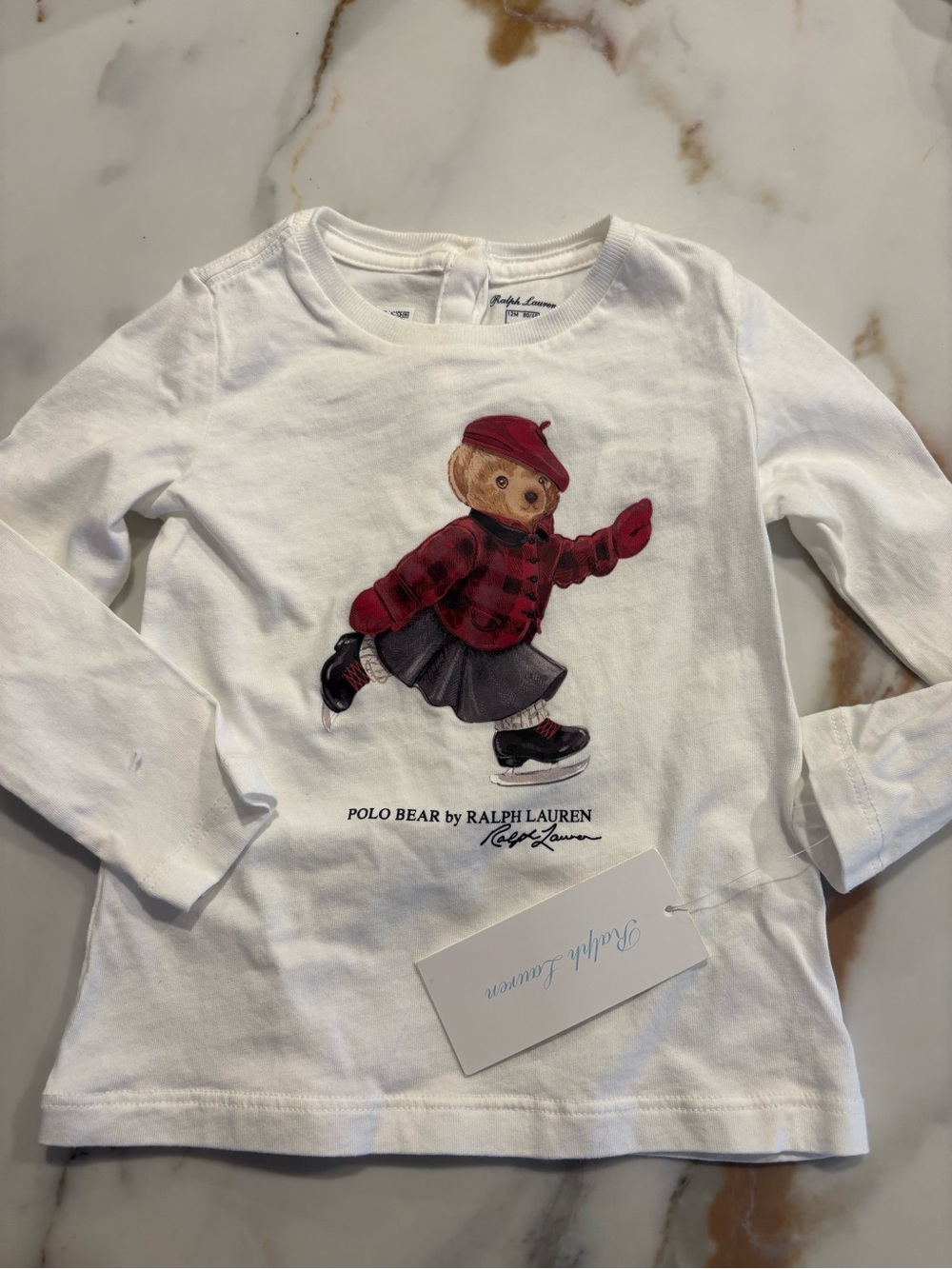 Ralph Lauren White Long-Sleeve Tee with Red Polo Bear Graphic